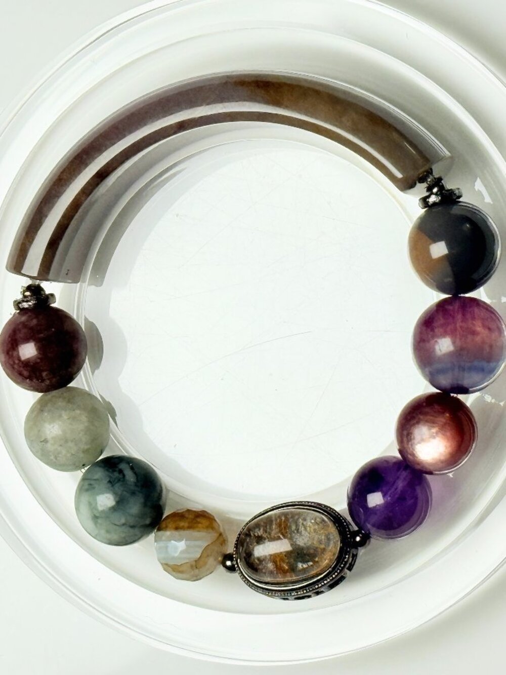 Half Bangle Bracelet Phantom Quartz Lepidolite Gemstone Handmade